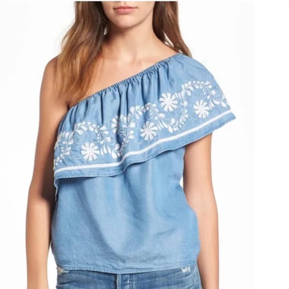 Rebecca Minkoff NWT L Rita Chambray One Shoulder Top